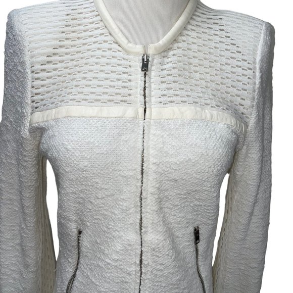 IRO Hurley White Leather Trim Textured Knit Zip Jacket FR38 Pockets Embroidered - Picture 4 of 12